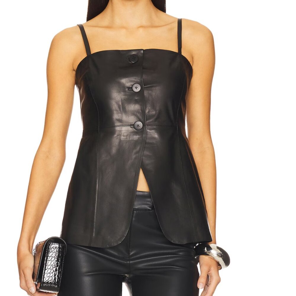LAMARQUE Milana Button Front Leather Bustier Top